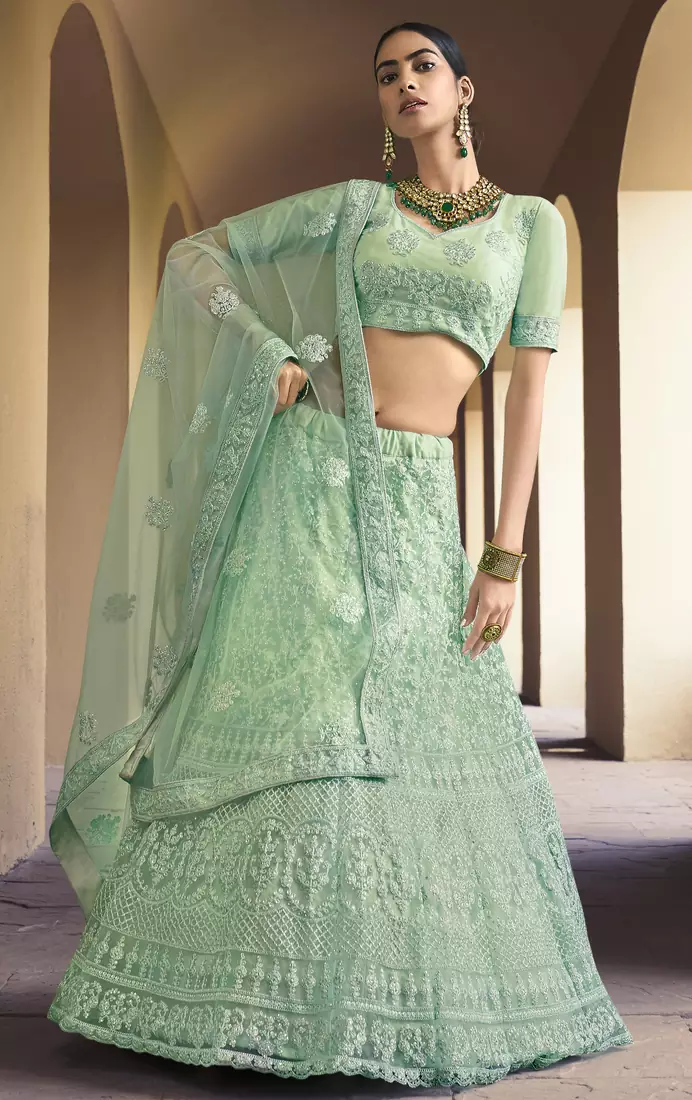 Green Dori and Sequins embroidered net Semi Stitched bridal lehenga