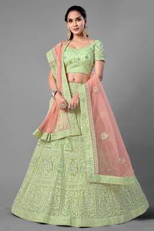 Light-green embroidered net Semi Stitched bridal lehenga