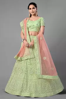 Light-green embroidered net Semi Stitched bridal lehenga