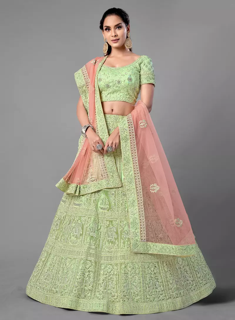 Light-green embroidered net Semi Stitched bridal lehenga