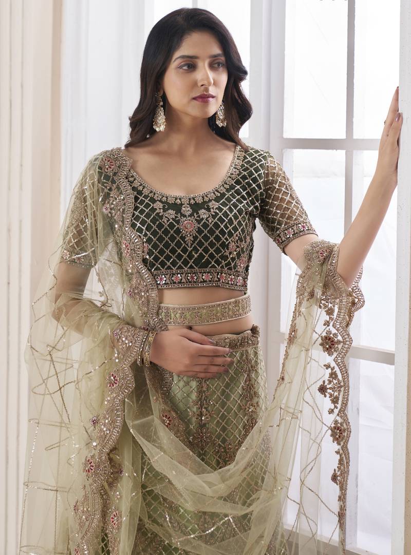 Olive-green embroidered net Semi Stitched Bridal Lehenga