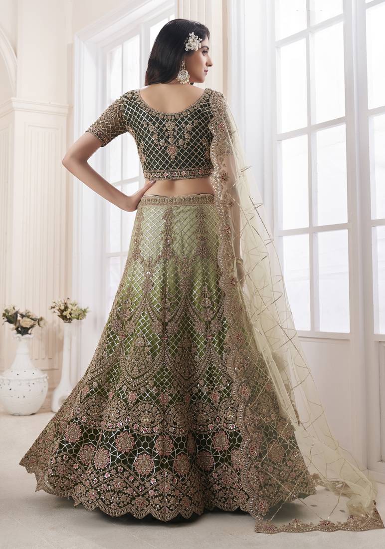 Olive-green embroidered net Semi Stitched Bridal Lehenga
