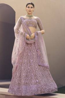 Lilac Thread ans sequins embroidered net Semi Stitched bridal lehenga