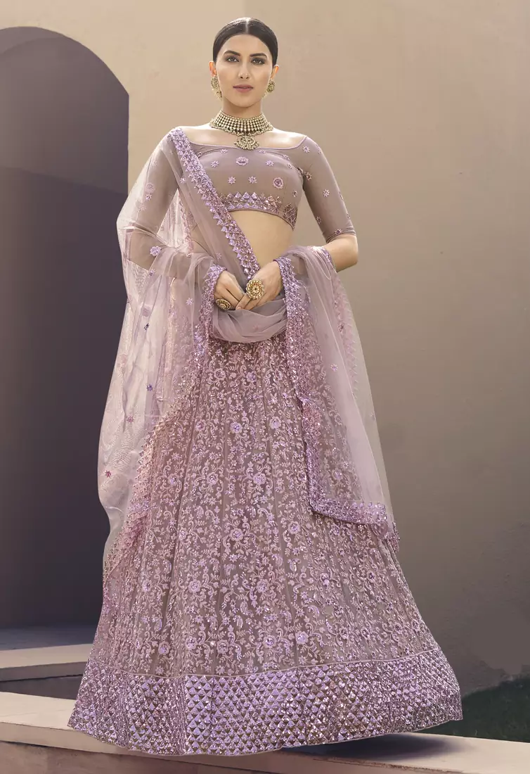 Lilac Thread ans sequins embroidered net Semi Stitched bridal lehenga