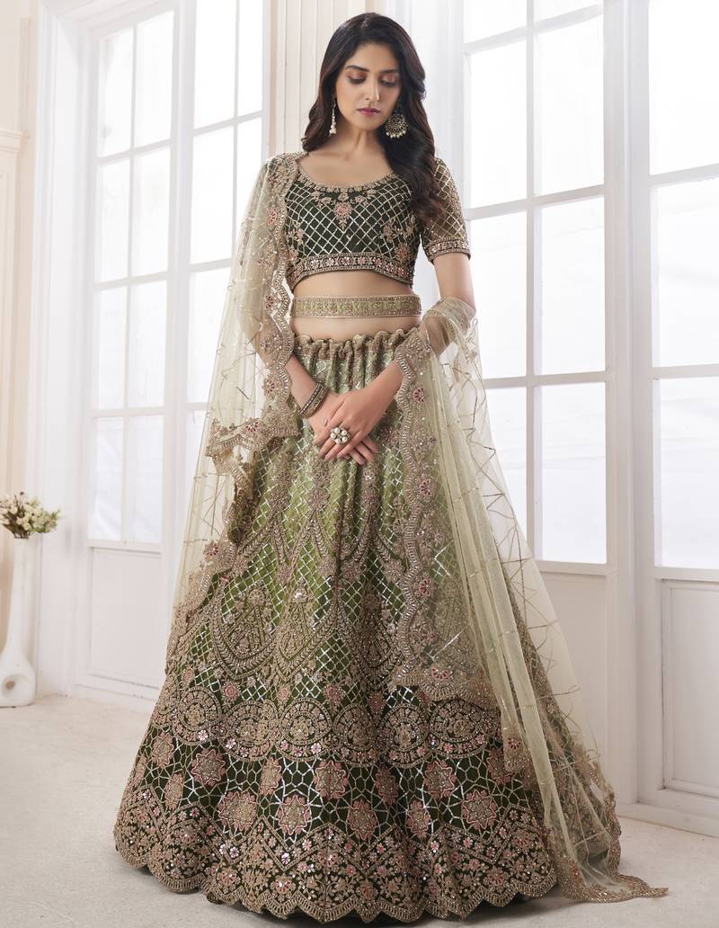 Olive-green embroidered net Semi Stitched Bridal Lehenga
