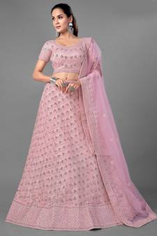 Pink embroidered net Semi Stitched bridal lehenga