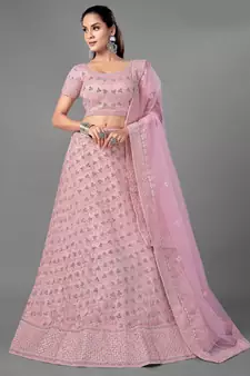 Pink embroidered net Semi Stitched bridal lehenga