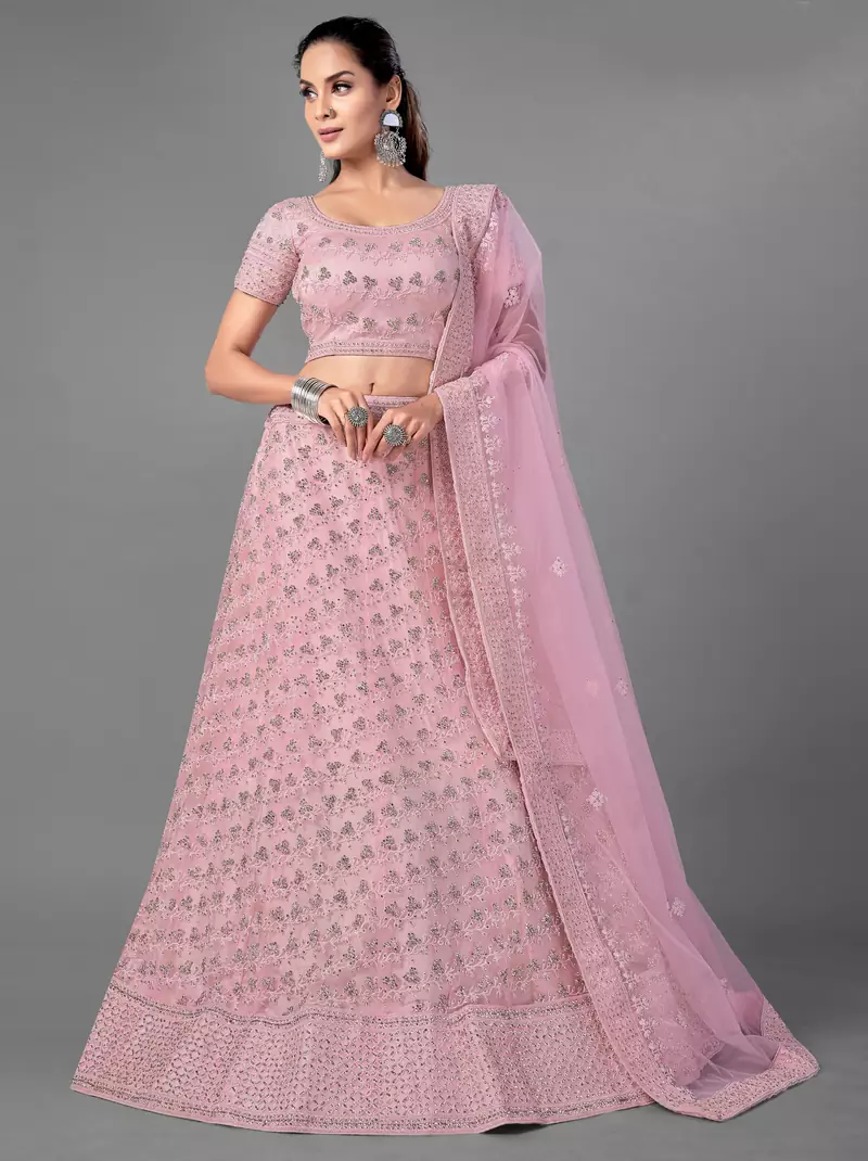Pink embroidered net Semi Stitched bridal lehenga
