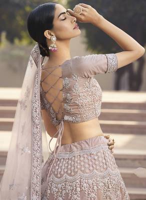 Enthralling Lilac Thread ans sequins embroidered net fabric  Lehenga designs 3