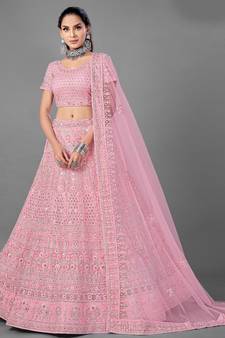 Pink embroidered net Semi Stitched bridal lehenga