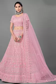 Pink embroidered net Semi Stitched bridal lehenga