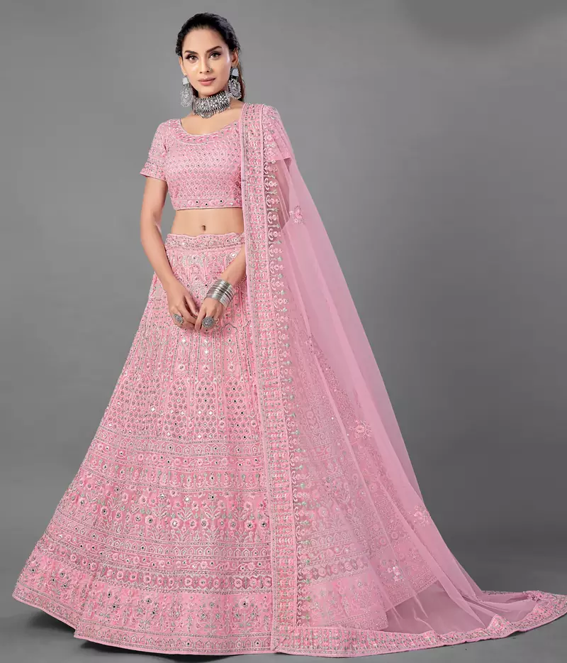 Pink embroidered net Semi Stitched bridal lehenga