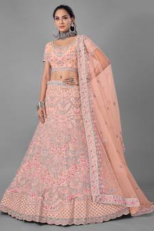 Peach embroidered net Semi Stitched bridal lehenga