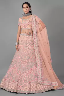 Peach embroidered net Semi Stitched bridal lehenga