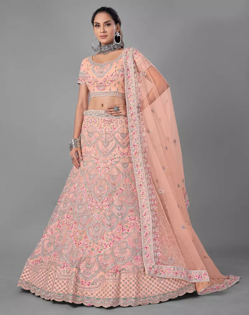 Peach embroidered net Semi Stitched bridal lehenga