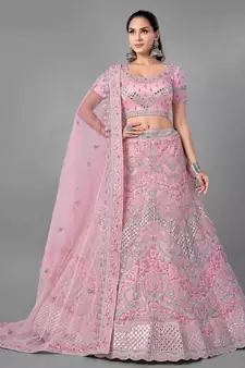 Pink embroidered net Semi Stitched bridal lehenga