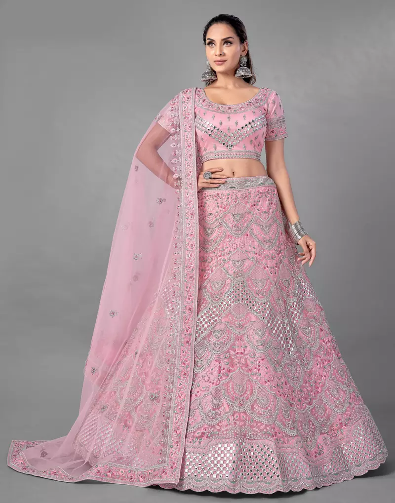 Pink embroidered net Semi Stitched bridal lehenga