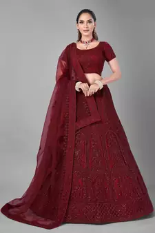 Maroon embroidered net Semi Stitched bridal lehenga