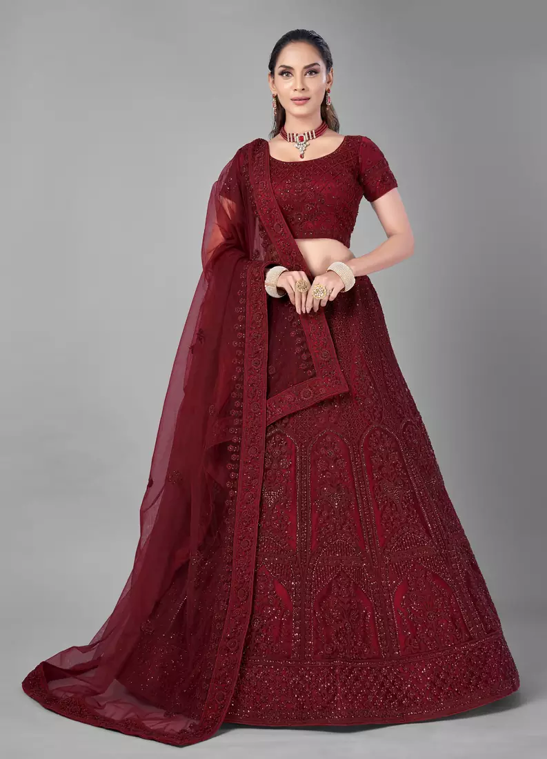 Maroon embroidered net Semi Stitched bridal lehenga