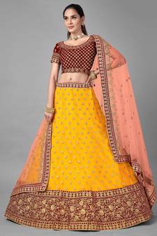 Mustard embroidered net Semi Stitched bridal lehenga