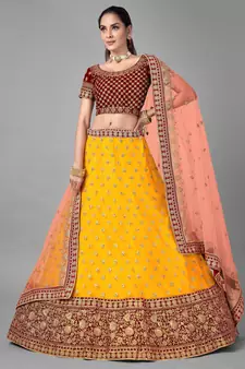 Mustard embroidered net Semi Stitched bridal lehenga