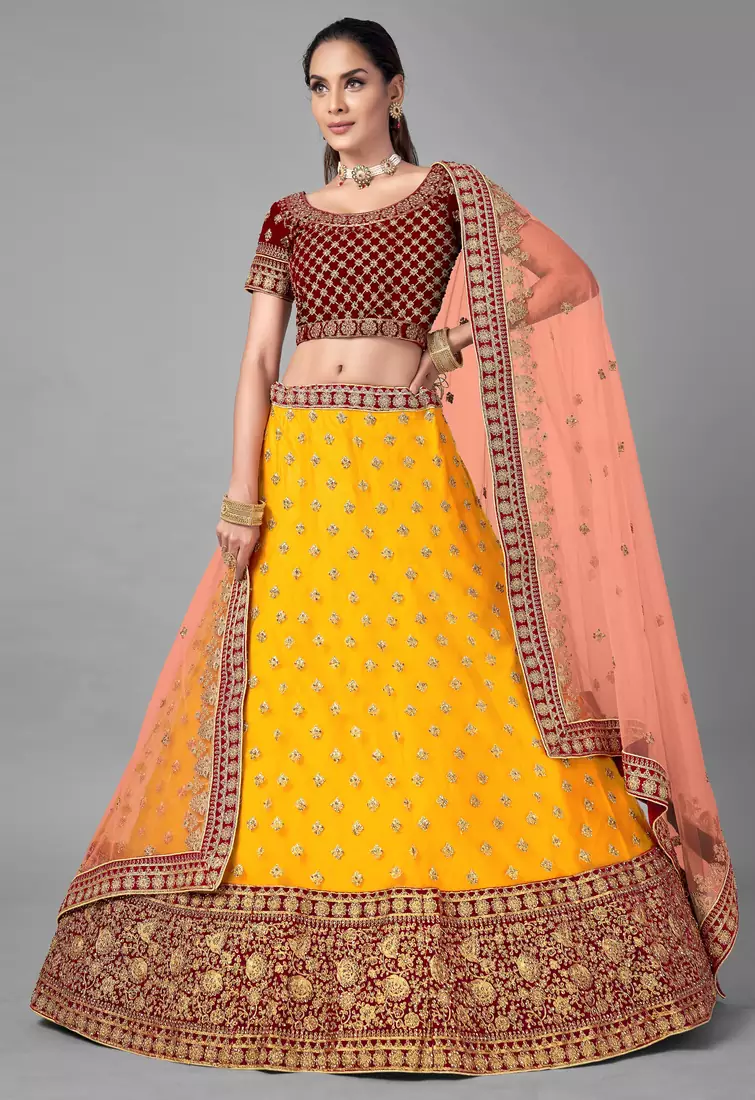 Mustard embroidered net Semi Stitched bridal lehenga