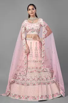 Pink embroidered net Semi Stitched bridal lehenga