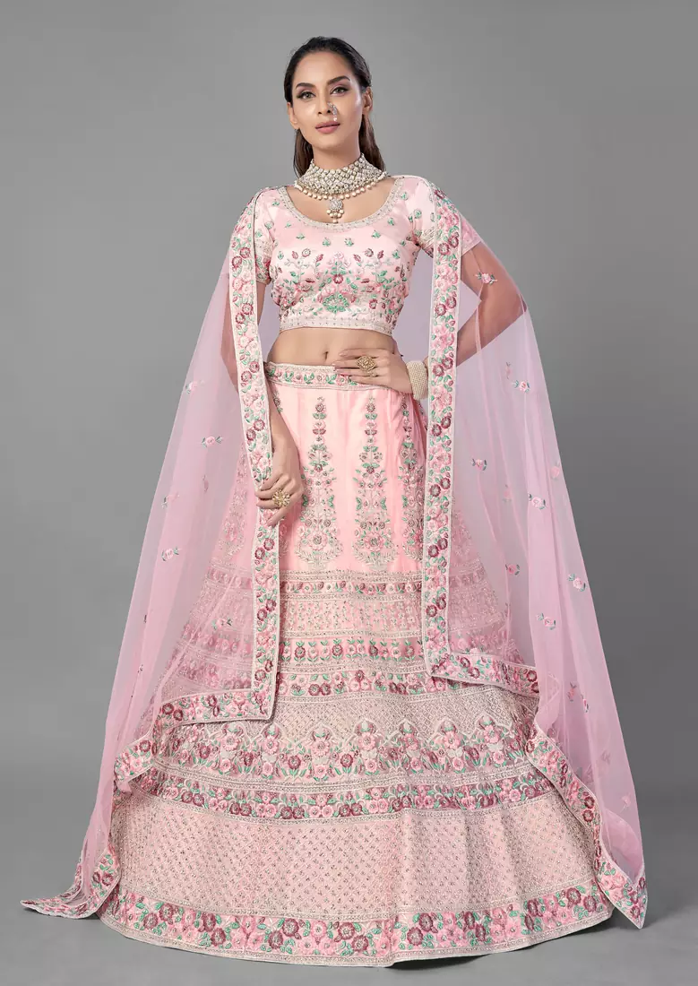 Pink embroidered net Semi Stitched bridal lehenga