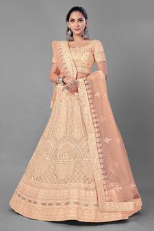 Peach embroidered net Semi Stitched bridal lehenga