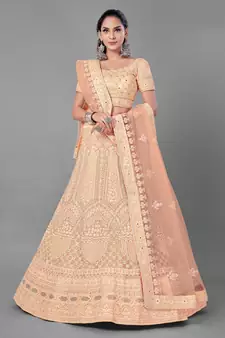 Peach embroidered net Semi Stitched bridal lehenga
