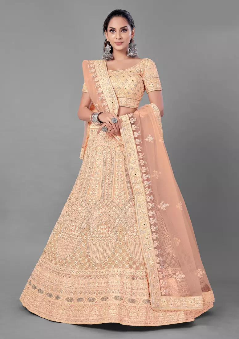 Peach embroidered net Semi Stitched bridal lehenga