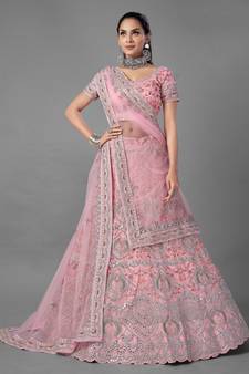 Pink embroidered net Semi Stitched bridal lehenga