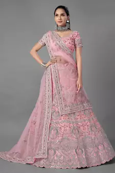 Pink embroidered net Semi Stitched bridal lehenga