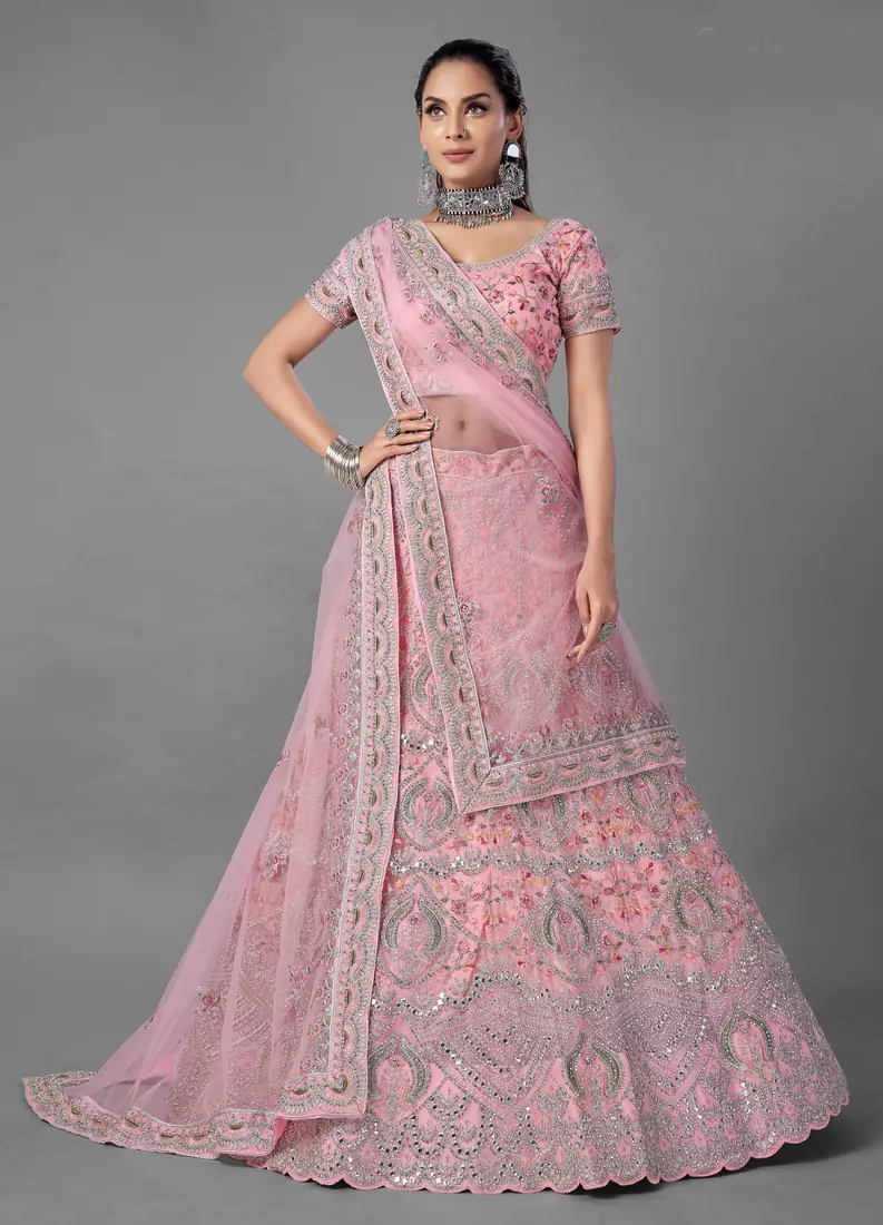 Pink embroidered net Semi Stitched bridal lehenga