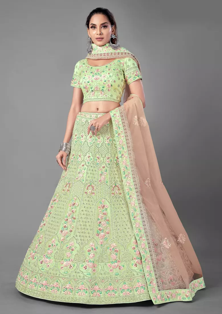 Light-green embroidered net Semi Stitched bridal lehenga