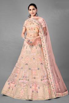 Peach embroidered net Semi Stitched bridal lehenga