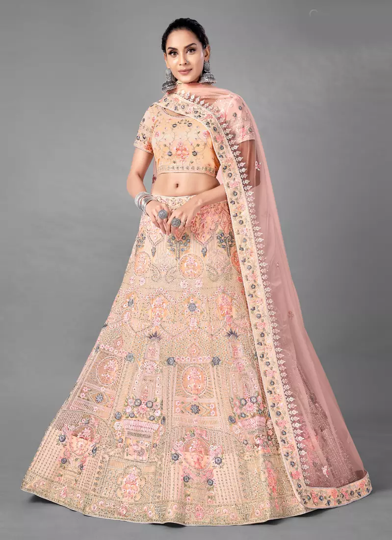 Peach embroidered net Semi Stitched bridal lehenga
