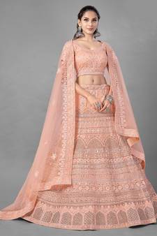 Peach embroidered net Semi Stitched bridal lehenga