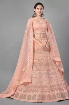 Peach embroidered net Semi Stitched bridal lehenga