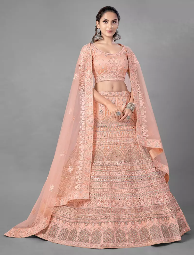 Peach embroidered net Semi Stitched bridal lehenga