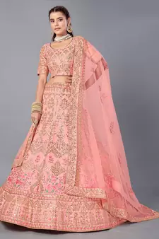 Peach embroidered art silk Semi Stitched bridal lehenga