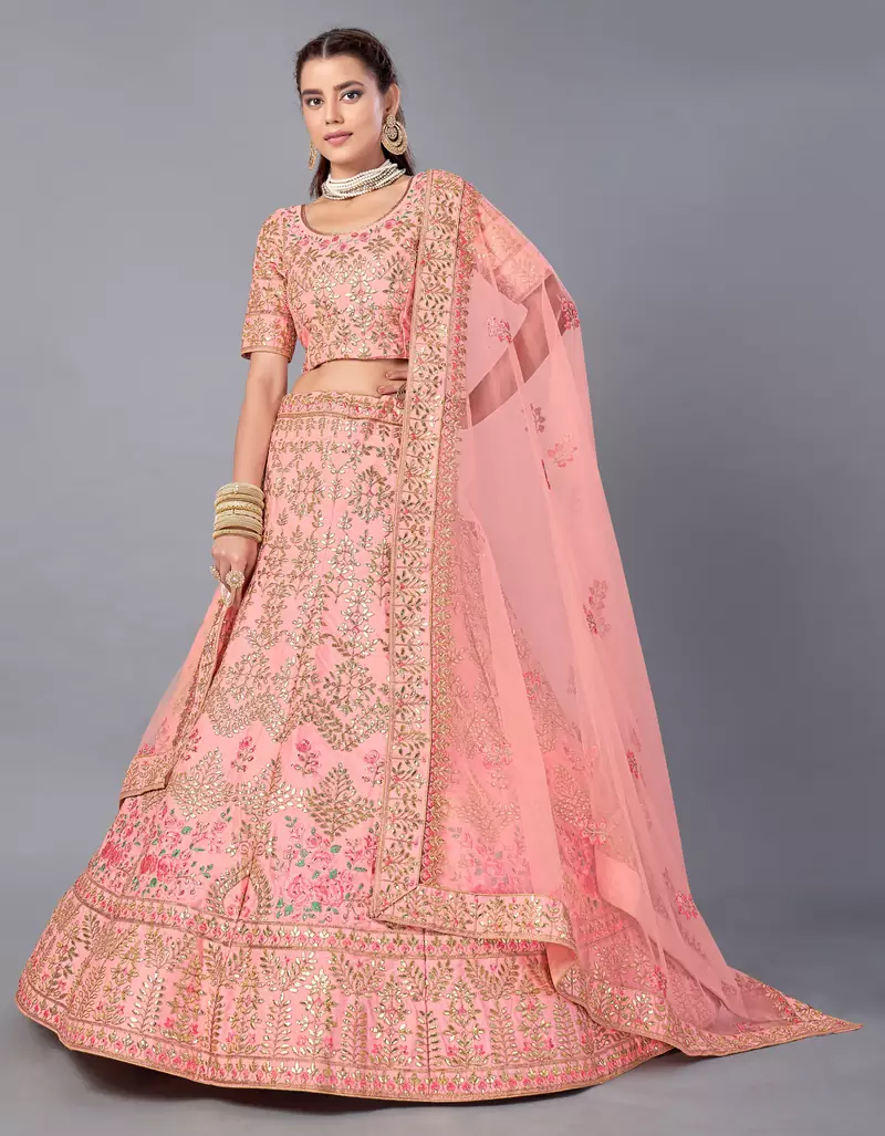 Peach embroidered art silk Semi Stitched bridal lehenga