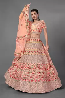 Peach embroidered art silk Semi Stitched bridal lehenga