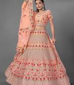 Peach embroidered art Silk Semi Stitched Bridal Lehenga