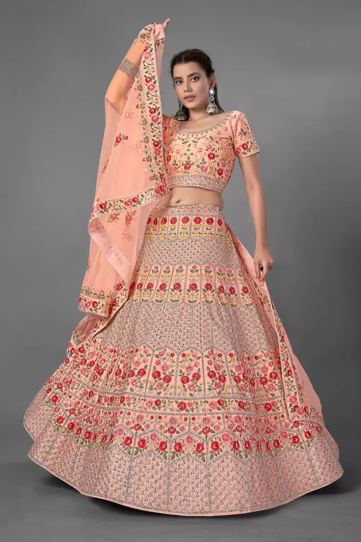Peach embroidered art silk Semi Stitched bridal lehenga