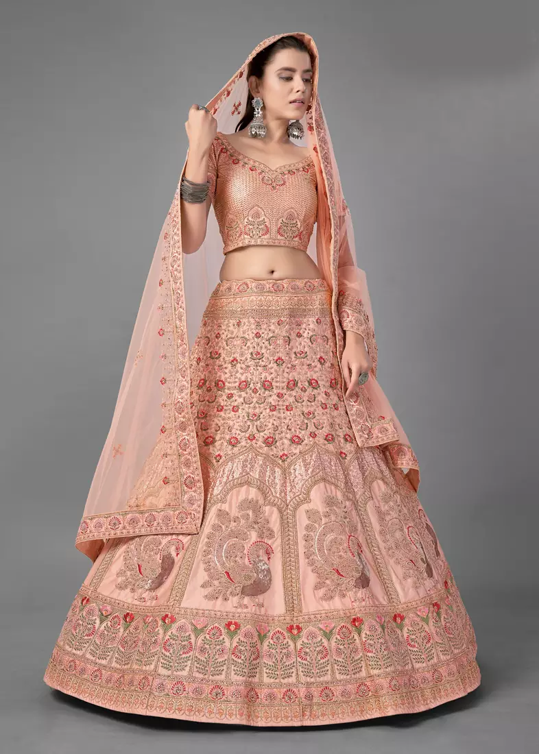 Peach embroidered satin Semi Stitched bridal lehenga