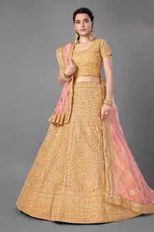 Yellow embroidered art silk Semi Stitched bridal lehenga