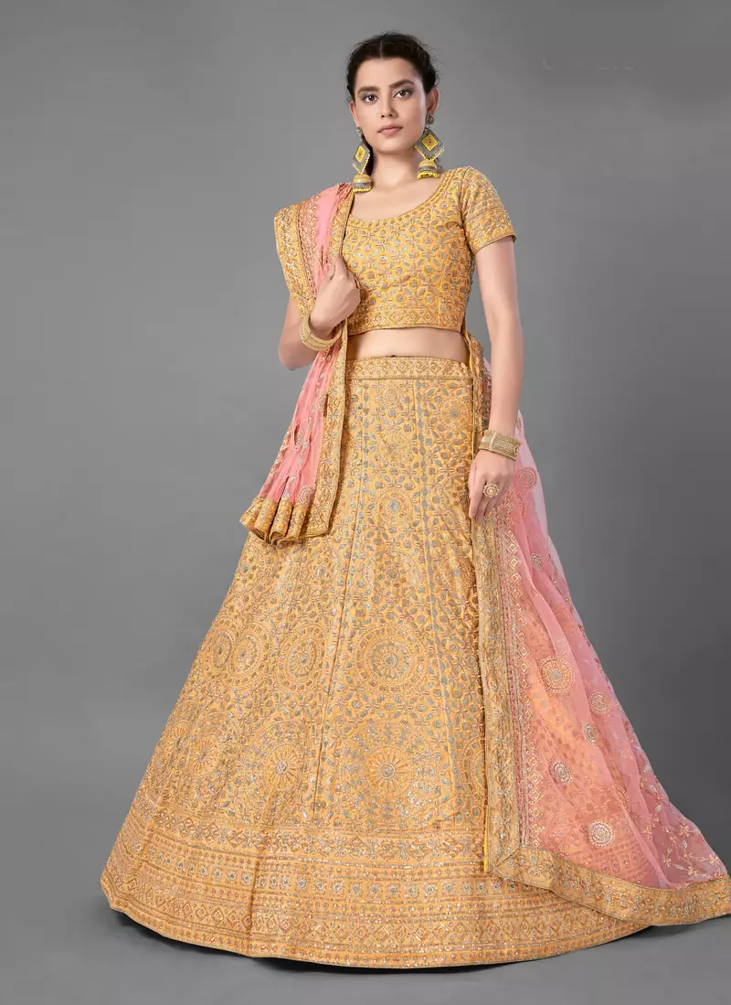 Yellow embroidered art silk Semi Stitched bridal lehenga