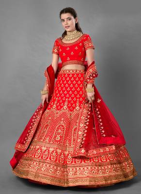 Red embroidered satin Semi Stitched Bridal Lehenga 1