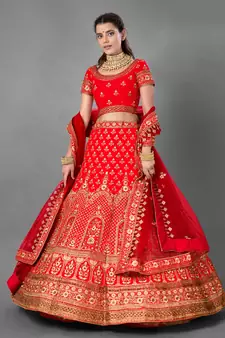 Red embroidered satin Semi Stitched bridal lehenga